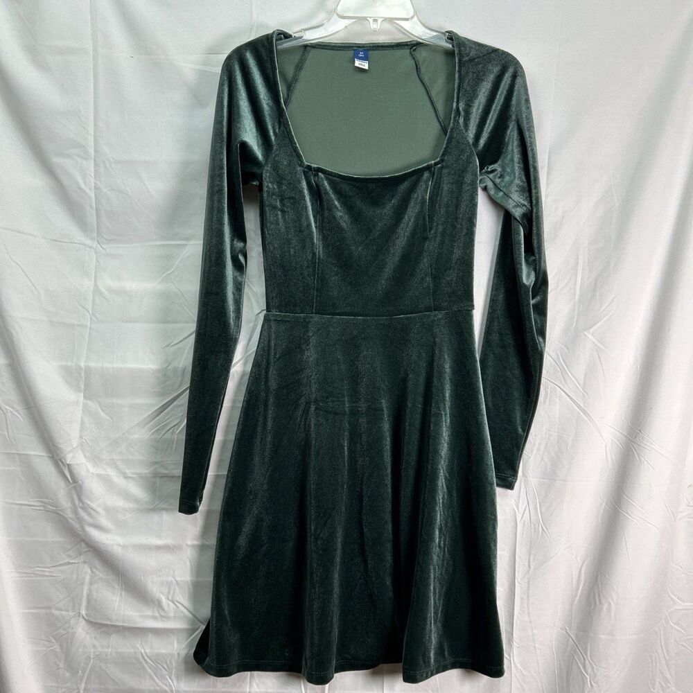 Old Navy Velvet Mini Dress Womens XST Tall Dark Green Long Sleeve Square Neck